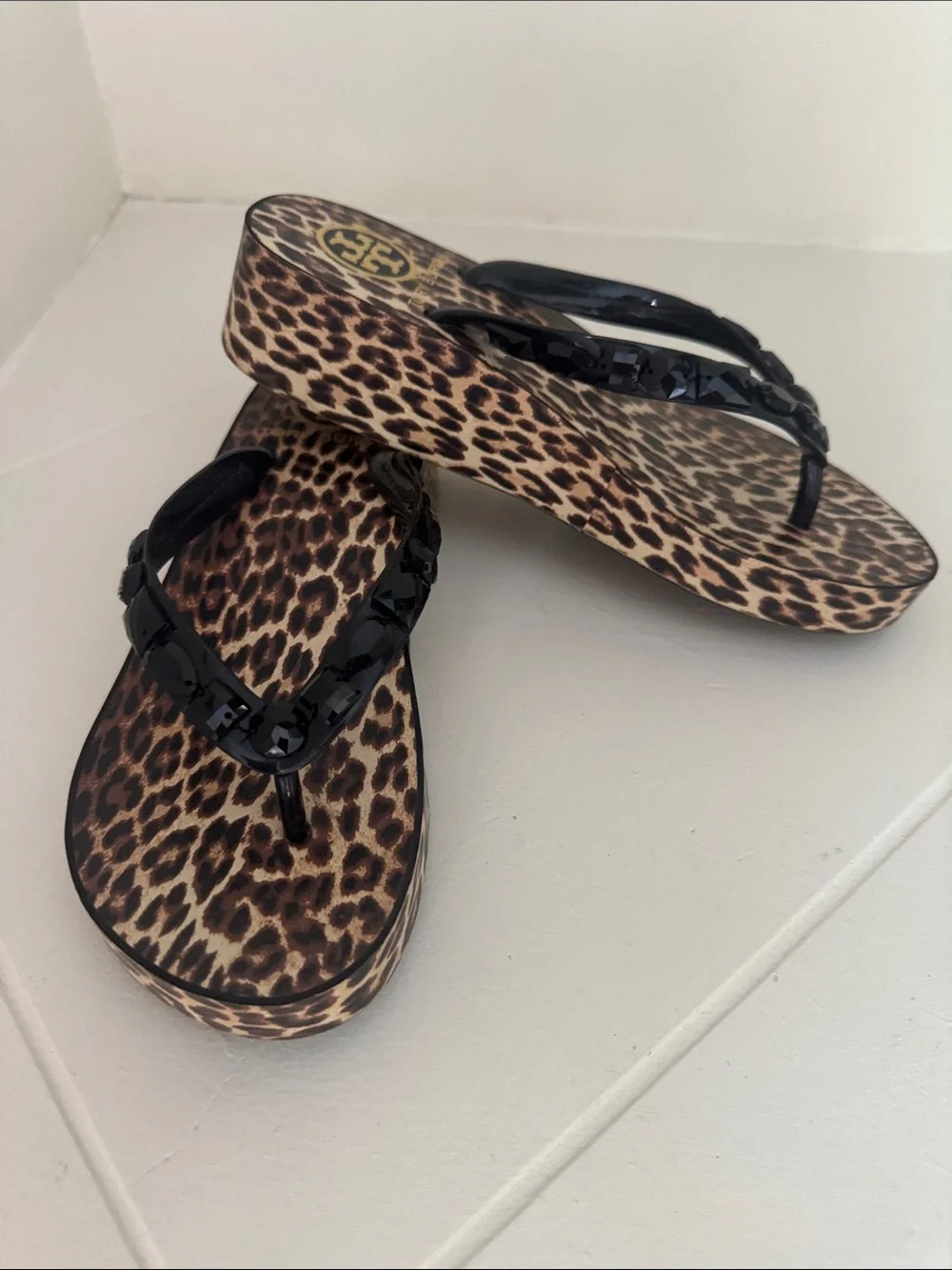 Tory Burch Leopard Print Wedge Sandals with Black Rhinestone Straps Size 6